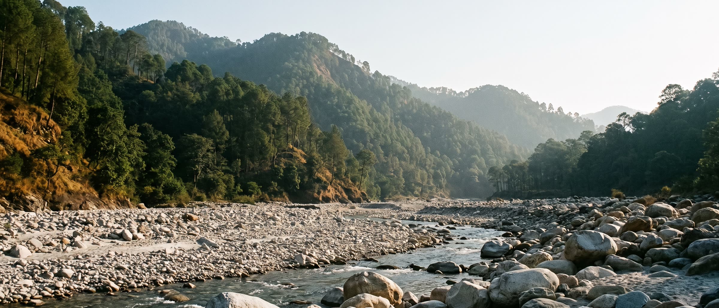 A wide bed of grey shingle and boulders with a thin stream, steep forested hills rising behind.