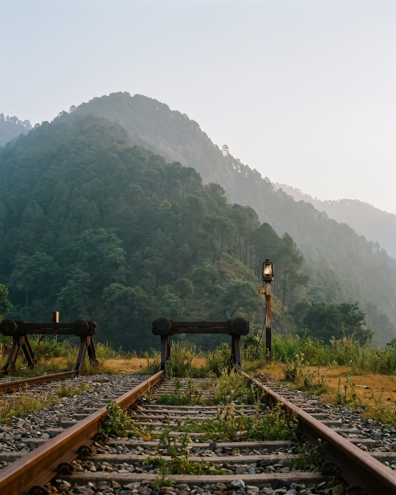 Two rails ending at old iron buffer stops, a forested hill rising straight behind them.